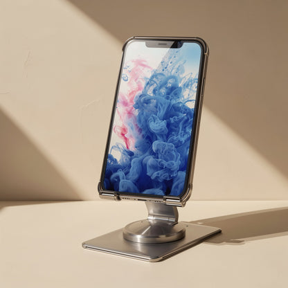 Turnstand – Silver rotating phone stand on a flat base holding a phone with a blue and pink ink-swirl wallpaper