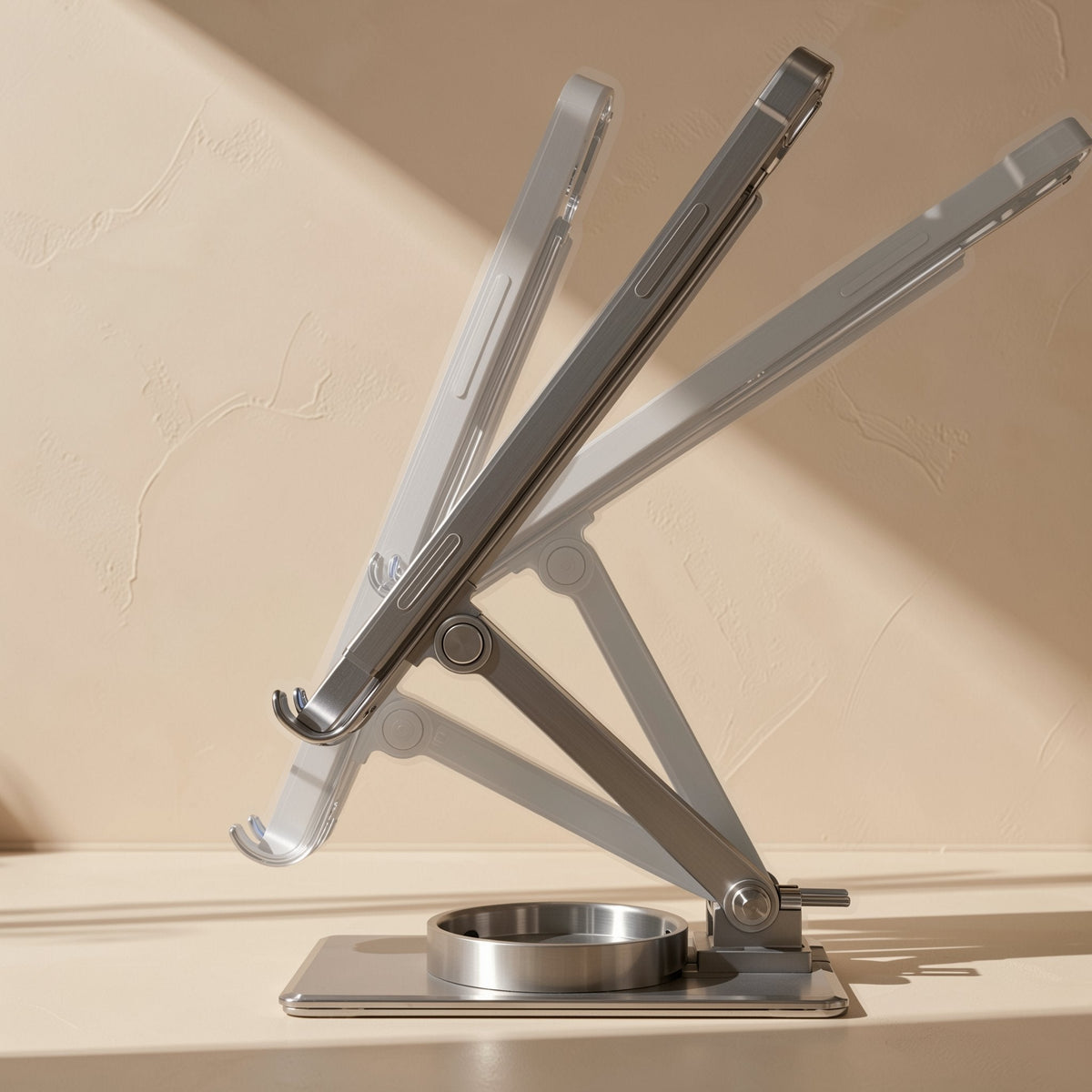 Turnstand – Side view of the stand's arm shown at three tilt angles, with the round swivel ring on the base
