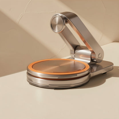 Turnstand – Close-up of the stand's folded arm and round swivel base with an orange accent ring