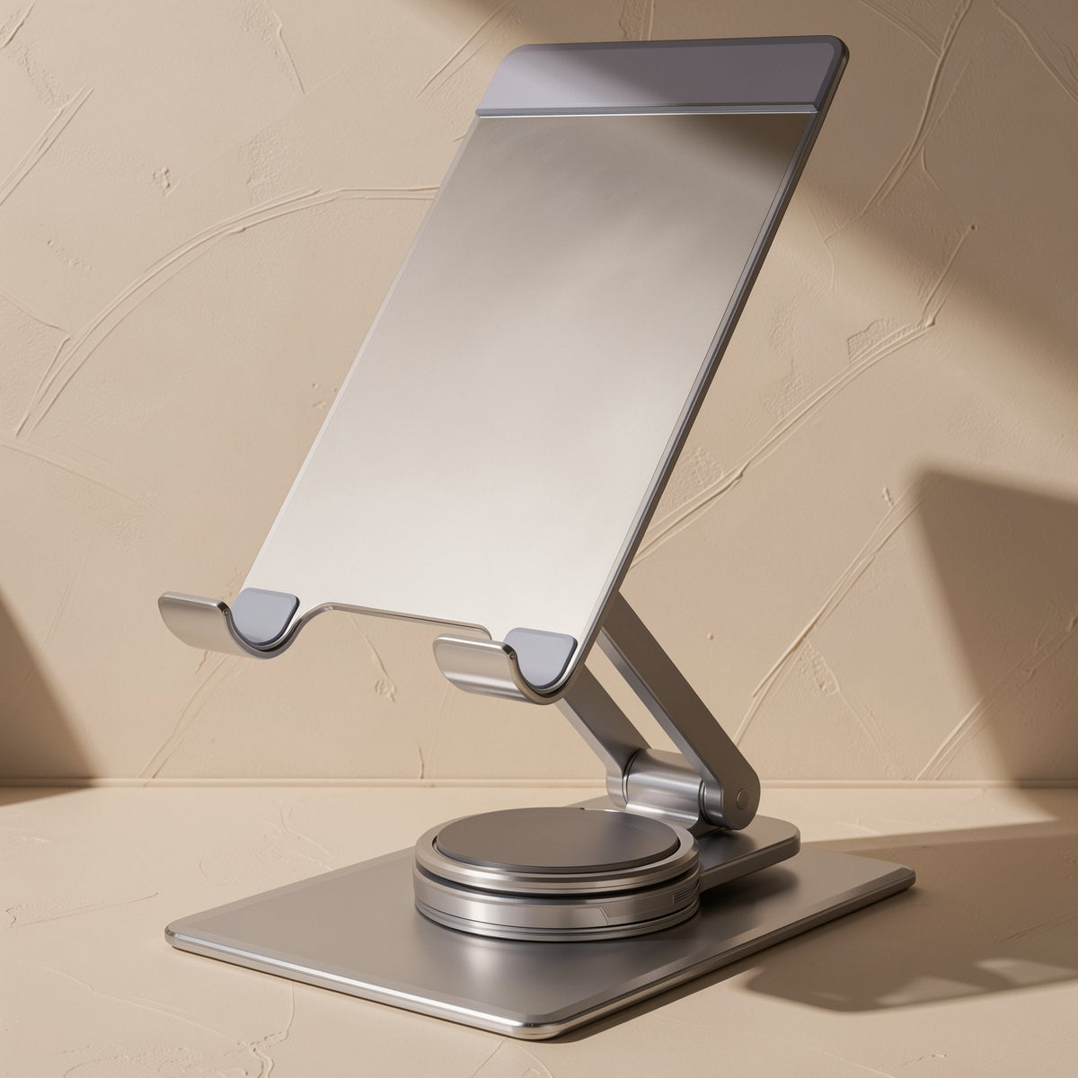 Turnstand – Front view of the stand's flat silver tablet rest with grip lips, on a rotating round base