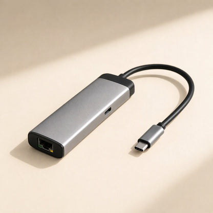 Dockcraft – Silver hub with black end caps, coiled cable and USB-C plug, Ethernet port visible at the near end