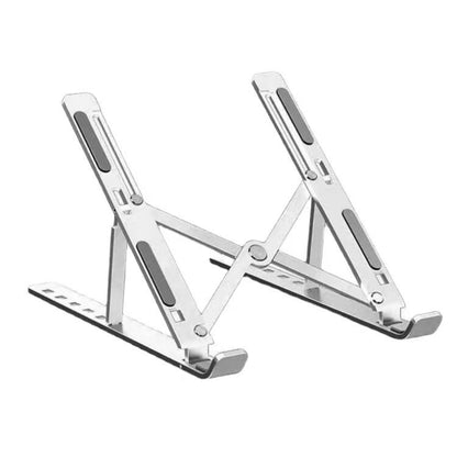 Coolperch – Silver foldable laptop stand on a white background, shown from a front three-quarter angle with grey grip pads