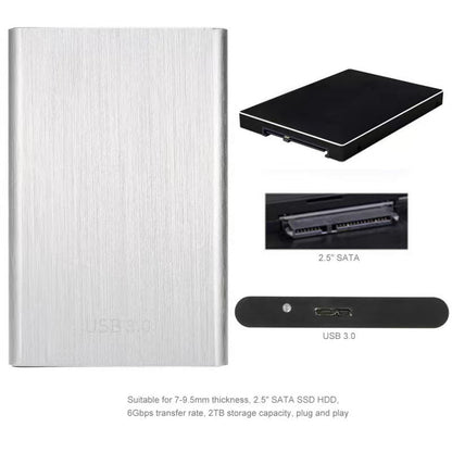 Metalcase – Silver brushed-aluminum enclosure front with SATA connector, USB 3.0 port and specification text below