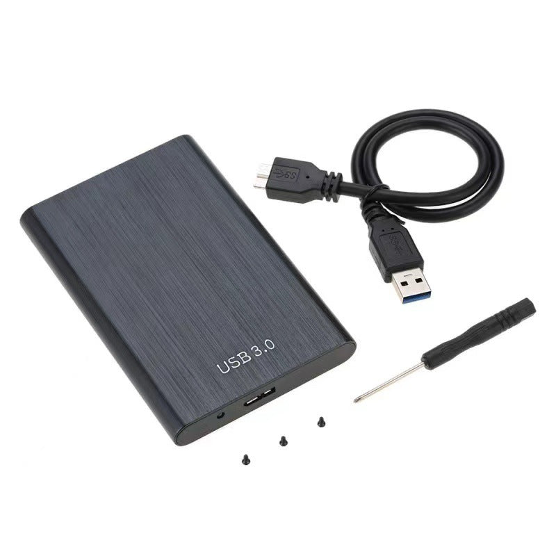 Metalcase – Black enclosure laid out with USB 3.0 cable, screwdriver and three small screws