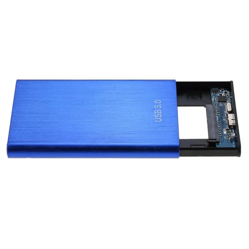 Metalcase – Blue enclosure with its slide-out tray partly open, showing the circuit board and SATA connector