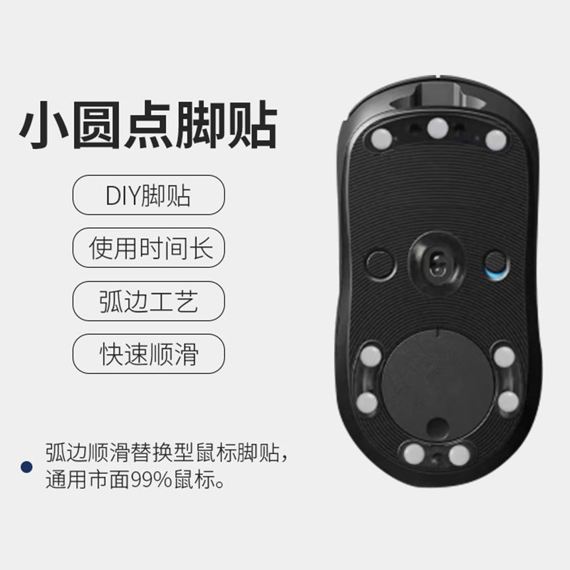 Teflide – Black mouse seen from below with small white round foot stickers placed around the sensor and base plate