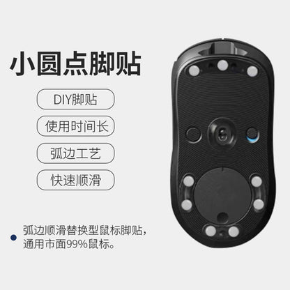 Teflide – Black mouse seen from below with small white round foot stickers placed around the sensor and base plate