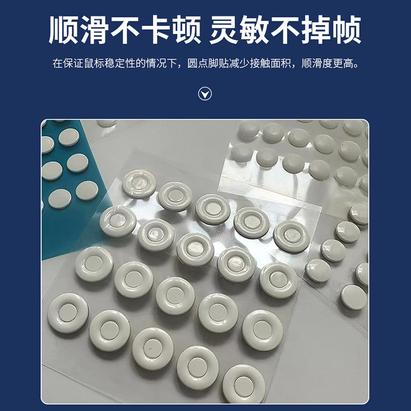 Teflide – Close-up of sheets of white ring-shaped and round dot stickers on clear backing beside a blue sheet of dots
