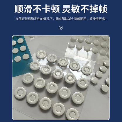 Teflide – Close-up of sheets of white ring-shaped and round dot stickers on clear backing beside a blue sheet of dots