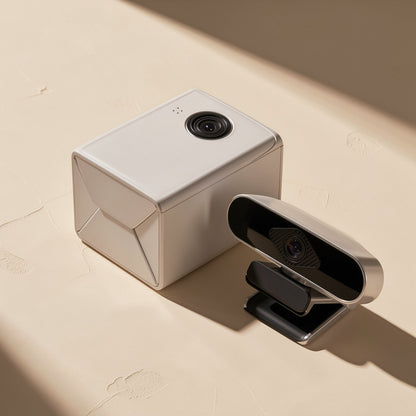 Camvoice – Black webcam on a clip stand beside a white cube-shaped camera on a sunlit cream surface