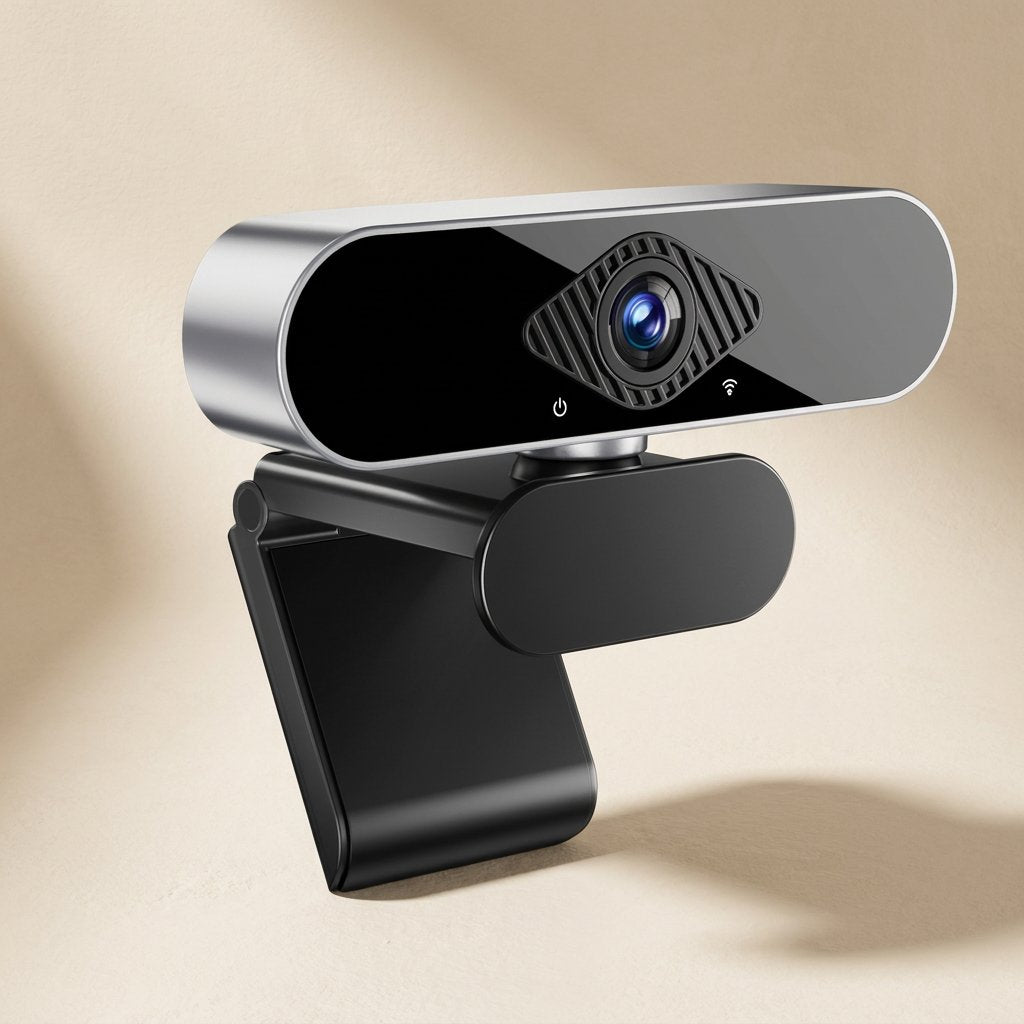 Camvoice – Silver-framed black USB webcam with blue-ringed lens, power icon and clip stand, close-up on a beige backdrop