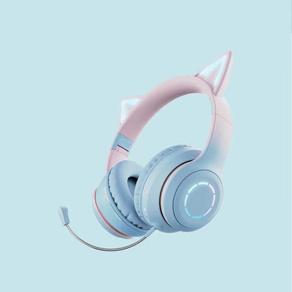 Glowmuse Cat Ear Gaming Headset in blue and pink gradient with glowing ring light and boom mic, on pale blue