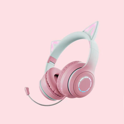 Glowmuse – Pink and mint gradient cat ear headset with lit ear tips, ring light and boom mic, on a pink background