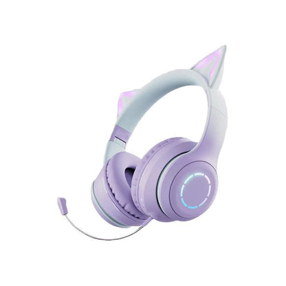 Glowmuse – Lavender purple cat ear headset with grey-blue gradient headband, glowing ring light and boom mic, on white