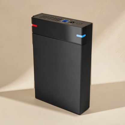 Drivestow 3.5-Inch SATA Hard Drive Box standing upright, black with red and blue tabs, ports on top