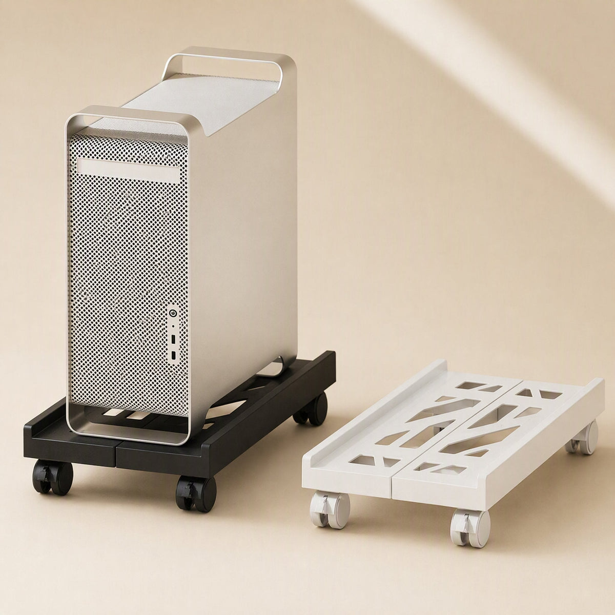 Hosthaven Plastic Computer Host Storage Rack in black and white, with a silver PC tower on the black one