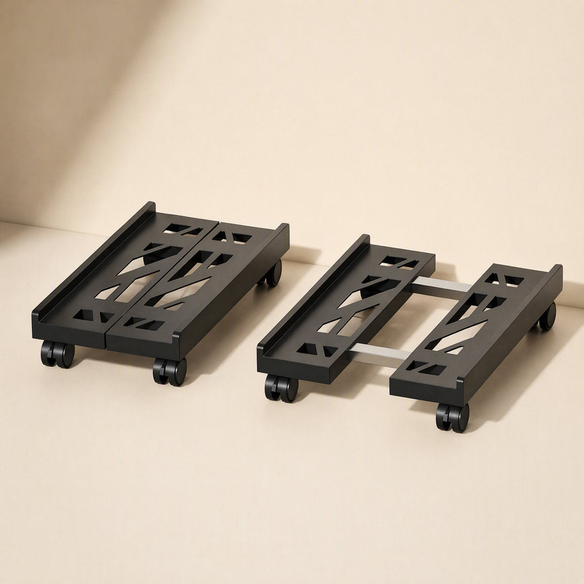 Hosthaven – Two black racks side by side, one compact and one extended with metal bars showing the adjustable width