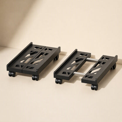 Hosthaven – Two black racks side by side, one compact and one extended with metal bars showing the adjustable width