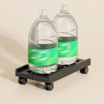 Hosthaven – Black rack holding two large water bottles on a beige background, showing its load-bearing use