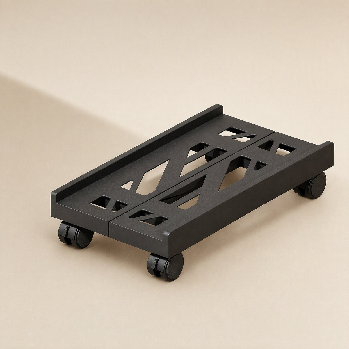Hosthaven – Black rack with hollow geometric cutouts and four caster wheels, shown from a front-left angle