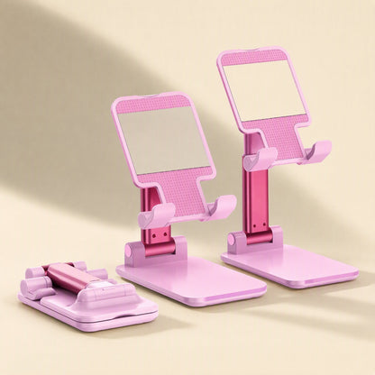 Pocketprop – Pink phone stand with magenta arm, one folded flat and two raised with mirrored panels