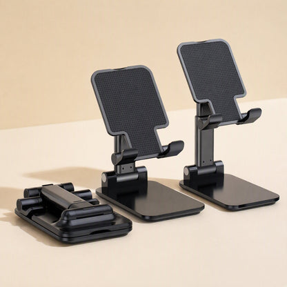 Pocketprop – Black phone stand with textured grip pad, one folded flat and two raised side by side