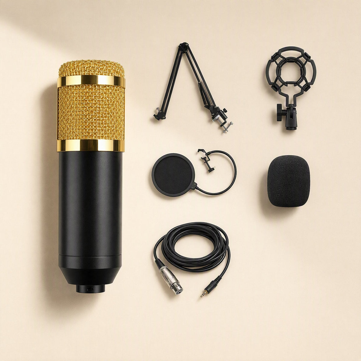 Micshine Condenser Microphone in gold and black with boom arm, shock mount, pop filter, foam cover and cable