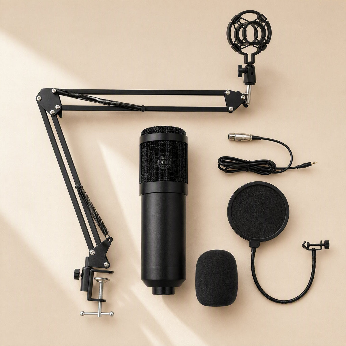 Micshine – Black microphone with boom arm, shock mount, pop filter, foam windscreen and XLR cable laid out flat