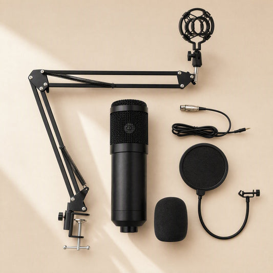 Micshine – Black microphone with boom arm, shock mount, pop filter, foam windscreen and XLR cable laid out flat