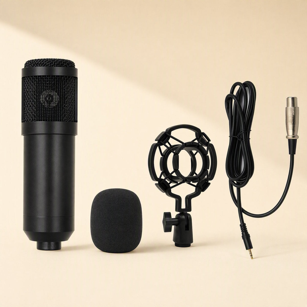 Micshine – Black condenser mic beside a foam windscreen, shock mount and XLR-to-3.5mm cable on a beige background