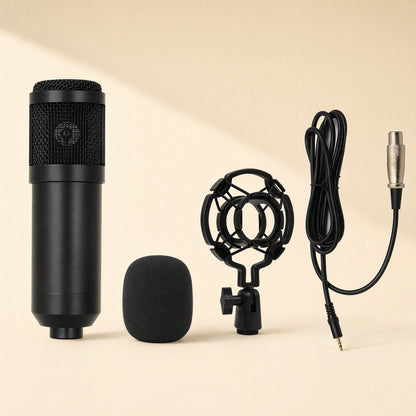 Micshine – Black condenser mic beside a foam windscreen, shock mount and XLR-to-3.5mm cable on a beige background