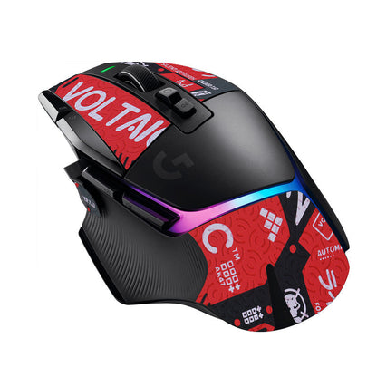 Gripscale – Black mouse with red VOLTAIC-pattern grip stickers, angled view with RGB light strip