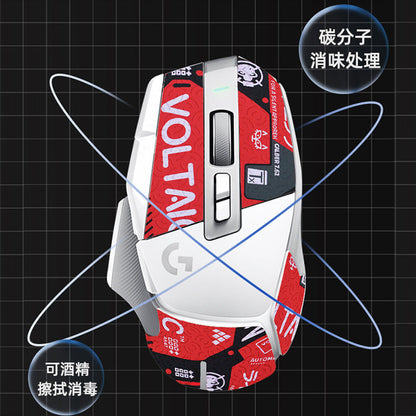 Gripscale – White mouse with red VOLTAIC grip stickers, with callouts about odor treatment and alcohol wipe cleaning