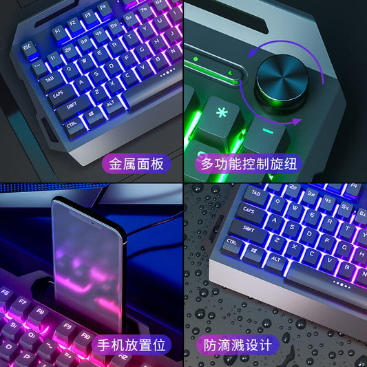 Keylit – Four close-ups: metal panel, multifunction control knob, phone slot, and water droplets on the keys