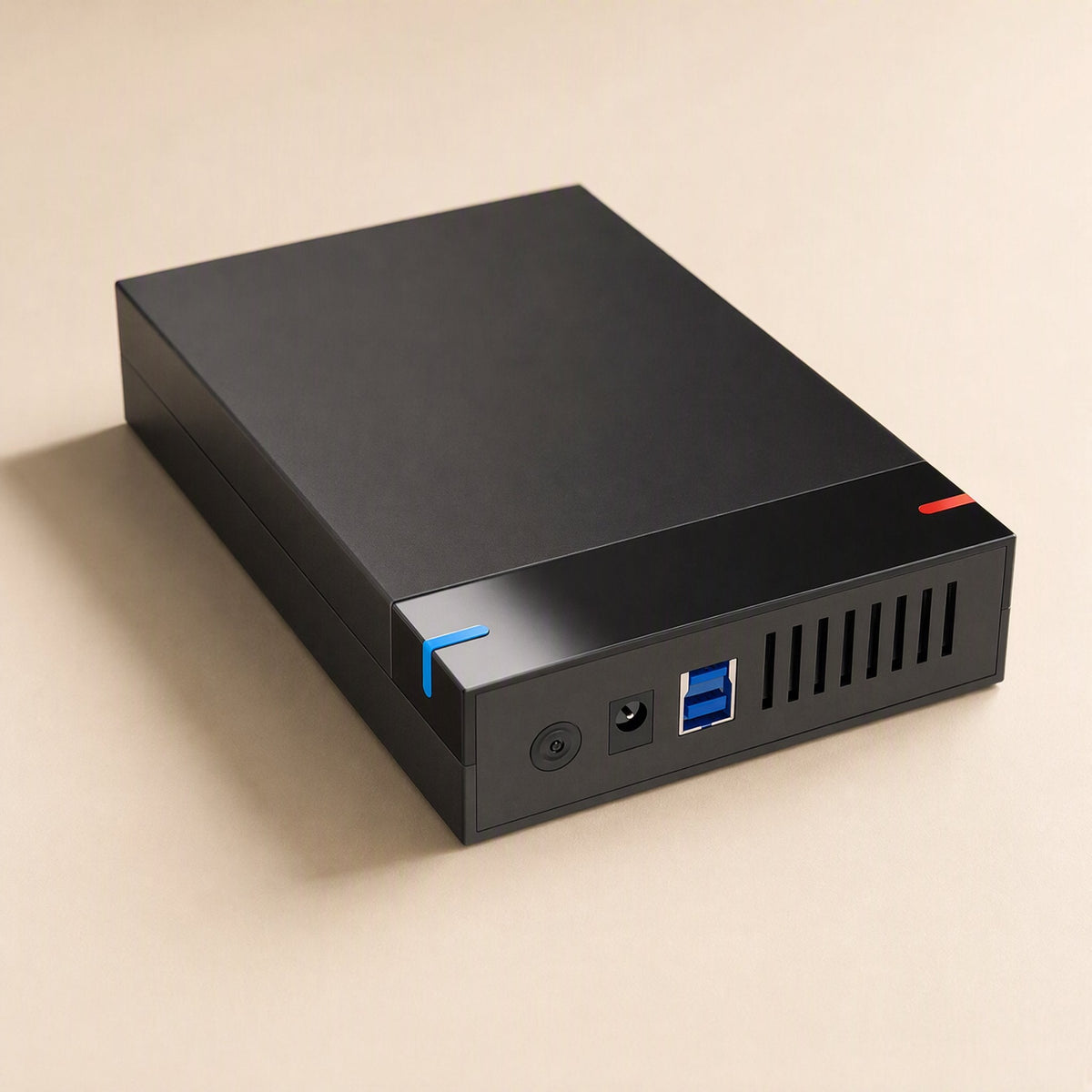 Baybox 3.5-Inch USB 3.0 Hard Drive Enclosure lying flat, rear ports and vents visible on a cream background