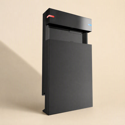 Baybox – Black enclosure standing upright, showing the removable slide-off side panel and red and blue indicator lights