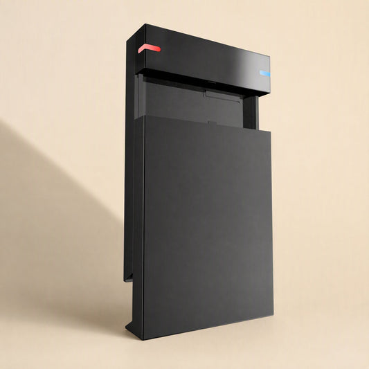 Baybox – Black enclosure standing upright, showing the removable slide-off side panel and red and blue indicator lights