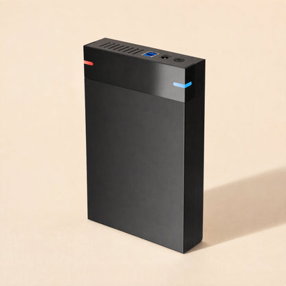 Baybox – Front view of the enclosure standing on edge, with USB 3.0 port, power jack and button on top