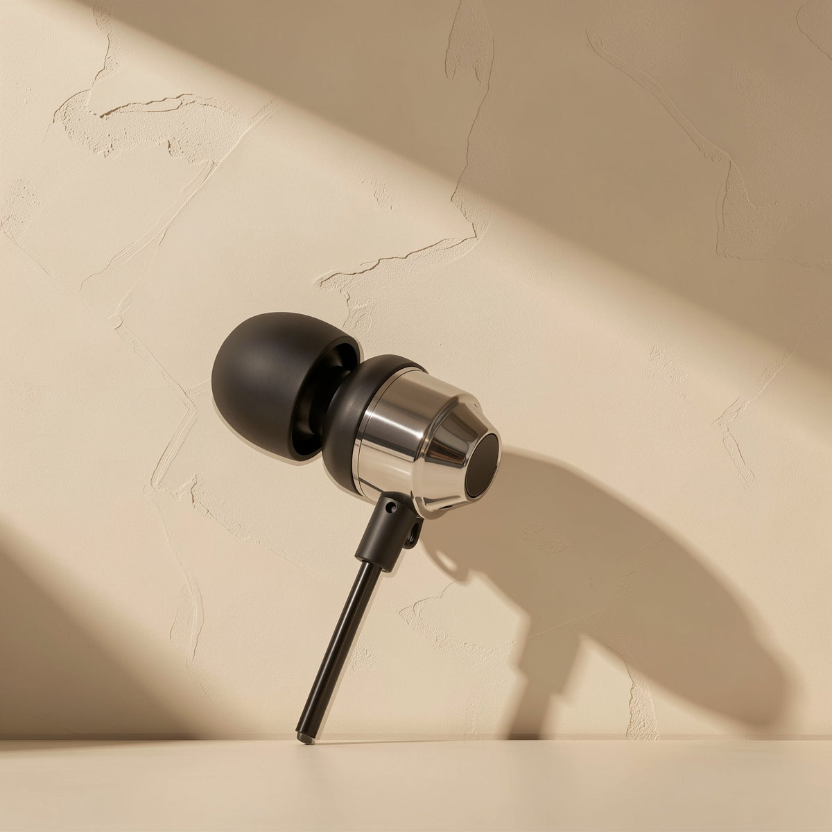 Cordtone wired in-ear headphone with black ear tip and silver metal housing leaning against a beige wall