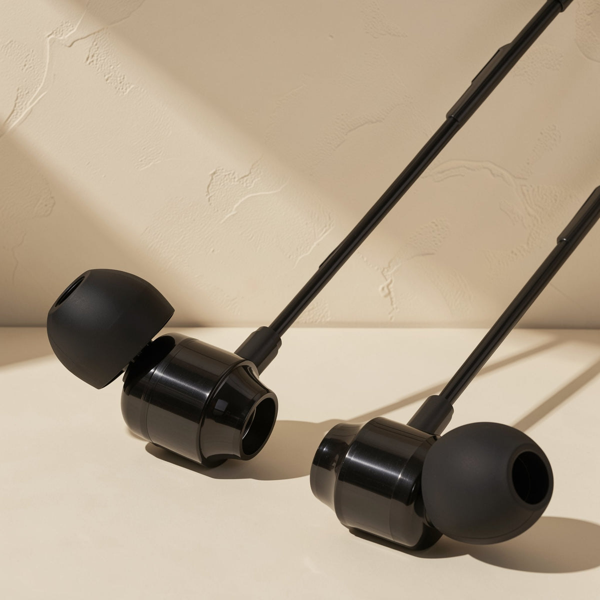 Cordtone – Pair of black in-ear earbuds with glossy housings and silicone tips resting on a cream surface
