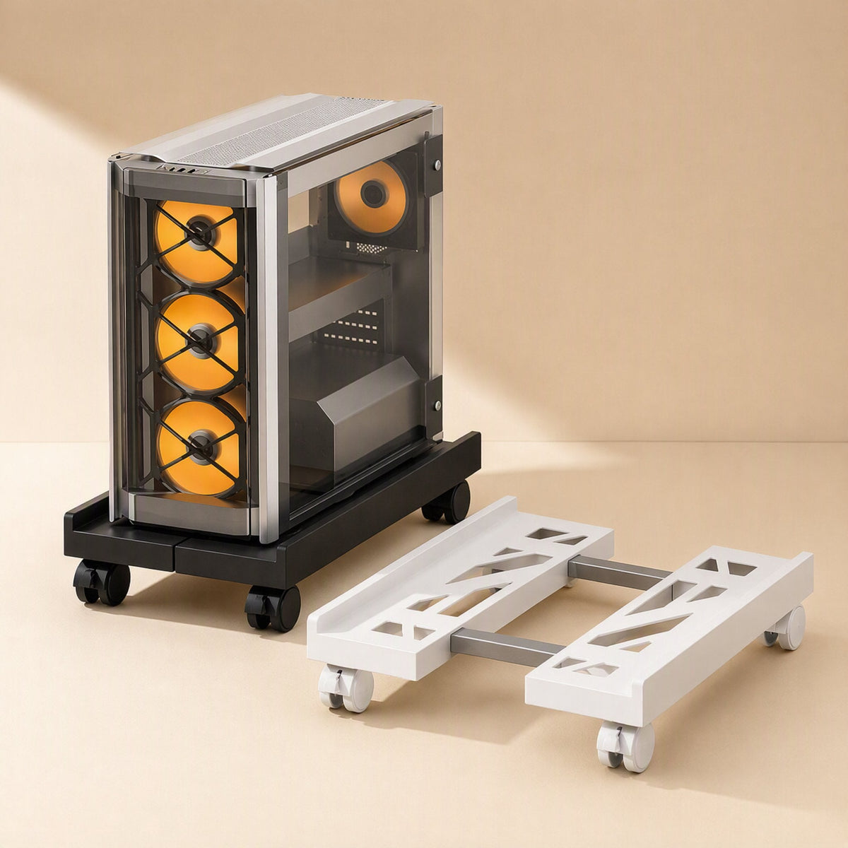 Towerstack Plastic Computer Tower Storage Rack with wheels holding a PC case, beside a white rack
