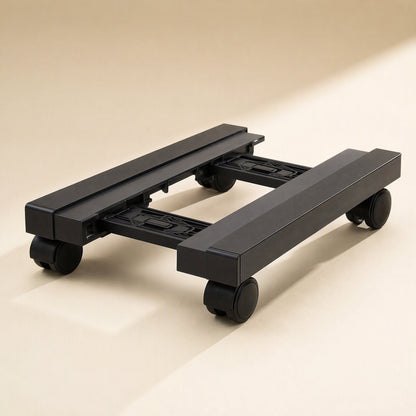 Towerstack – Black extendable rack with caster wheels, seen from a low angle with the sliding rails exposed