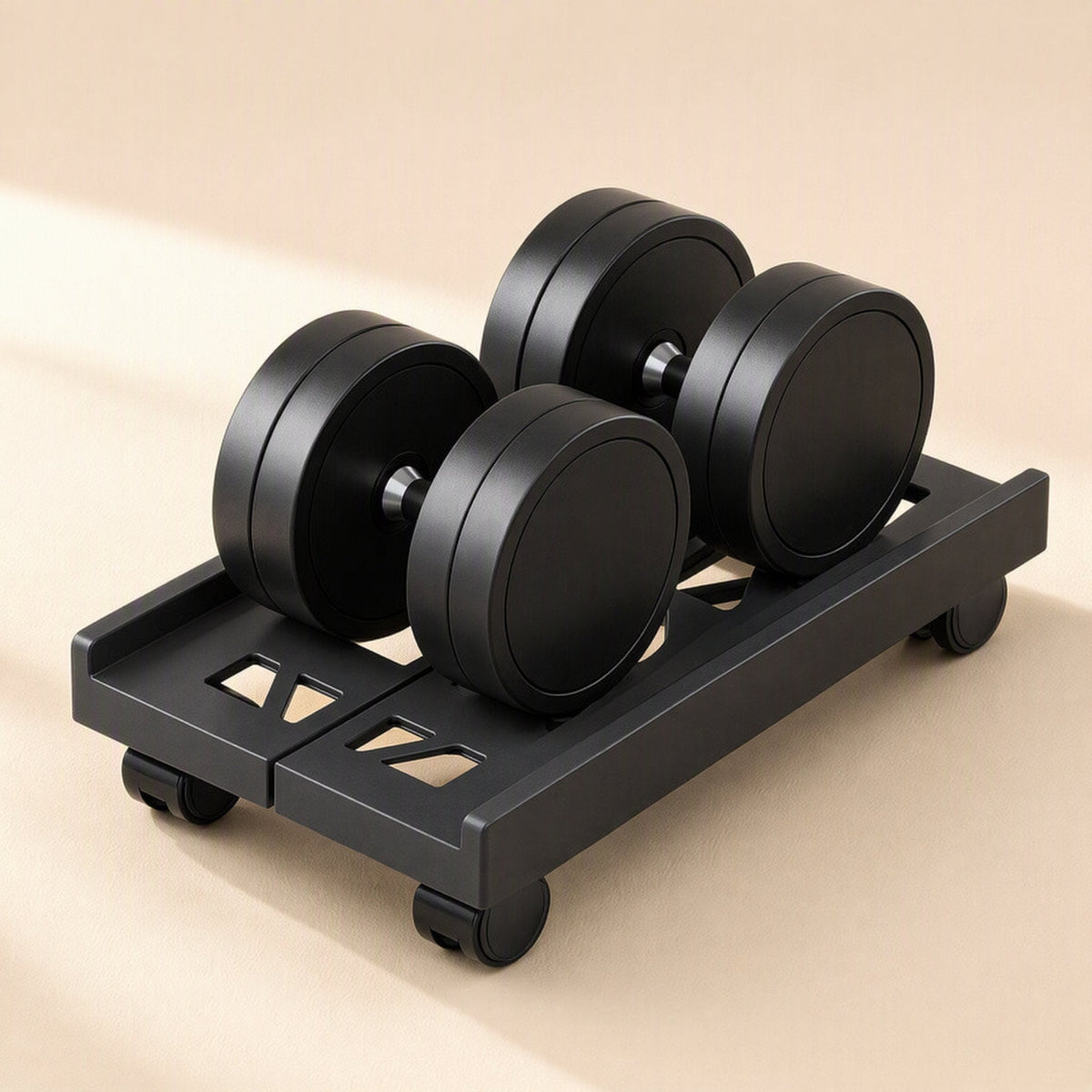 Towerstack – Black rack with two heavy black weights resting on its platform, showing the load it can hold