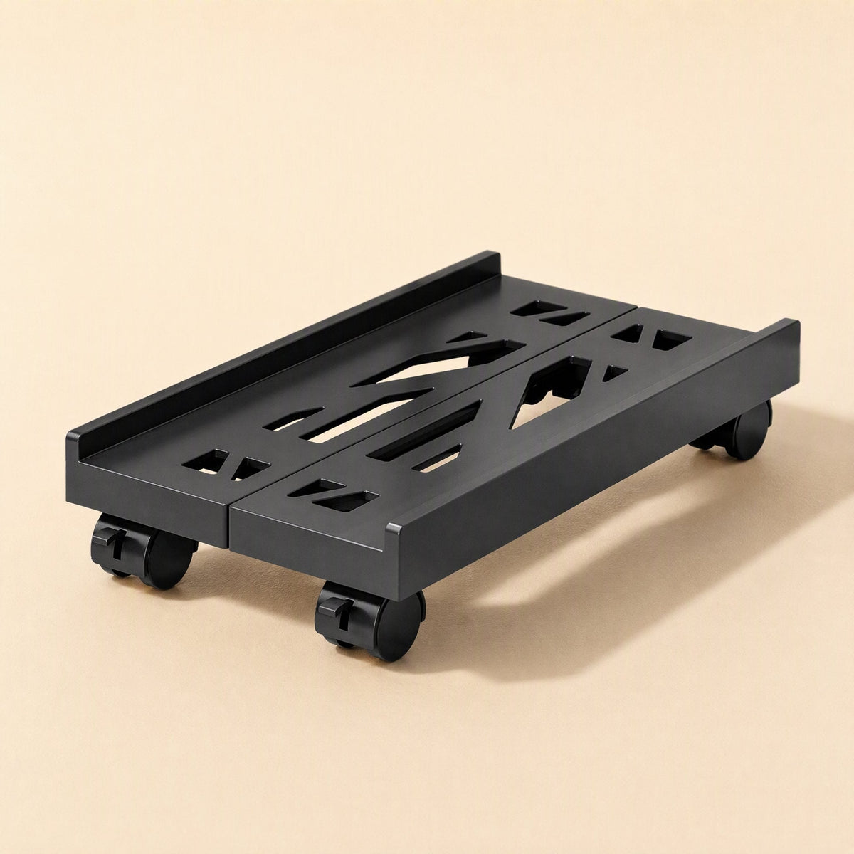 Towerstack – Black wheeled tower rack in a top-down view showing the geometric cutout platform and raised edges