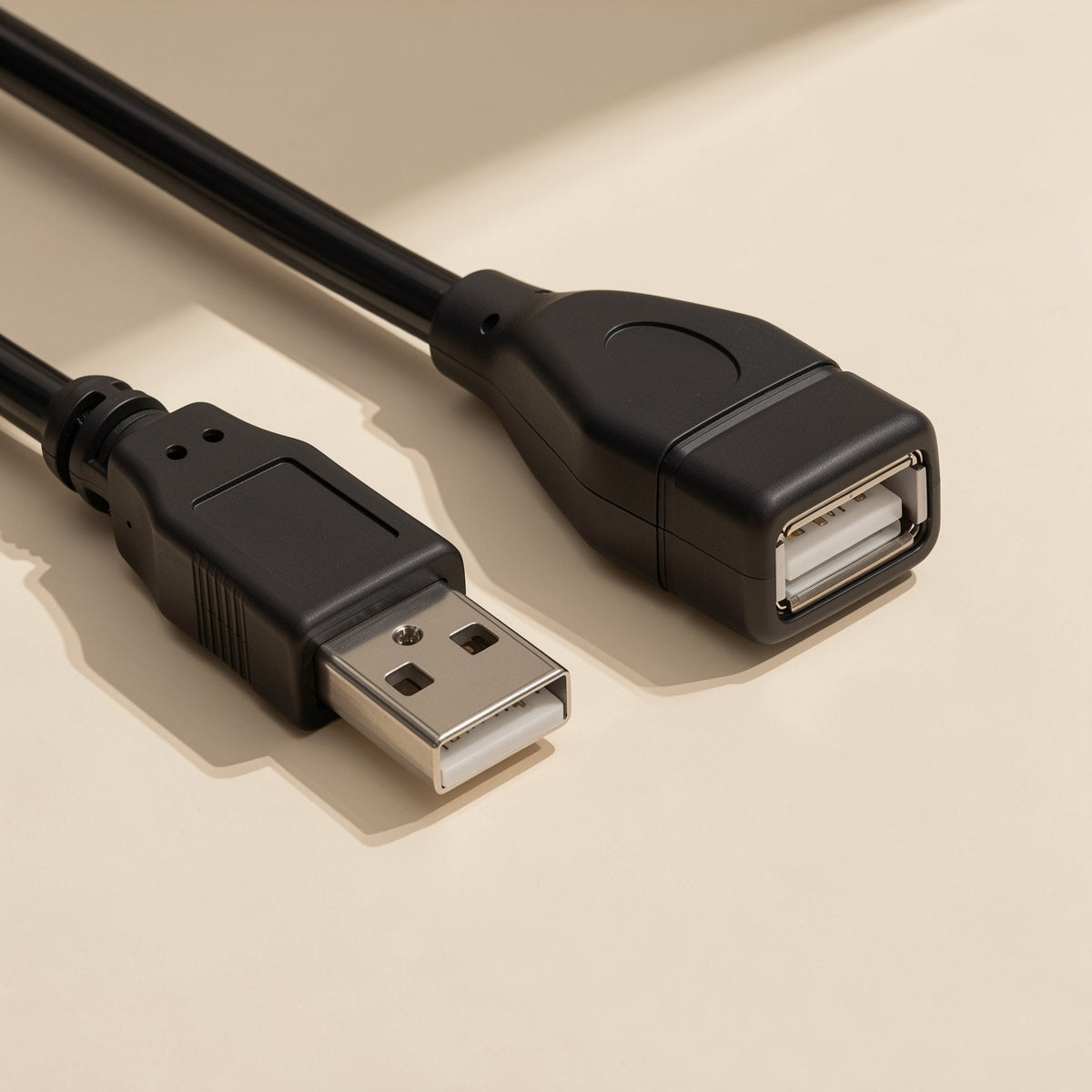 Cordreach Copper USB 2.0 Extension Cable, black male and female connectors side by side on a cream surface