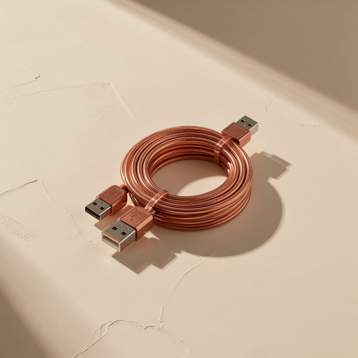 Cordreach – Coiled copper-coloured braided cable with USB-A connectors at each end, resting on a cream plaster surface