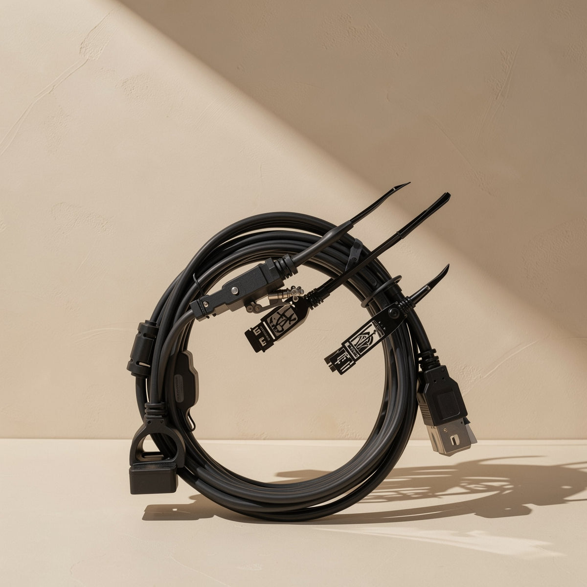 Cordreach – Coiled black cable with several black connectors and plugs, standing upright against a cream wall