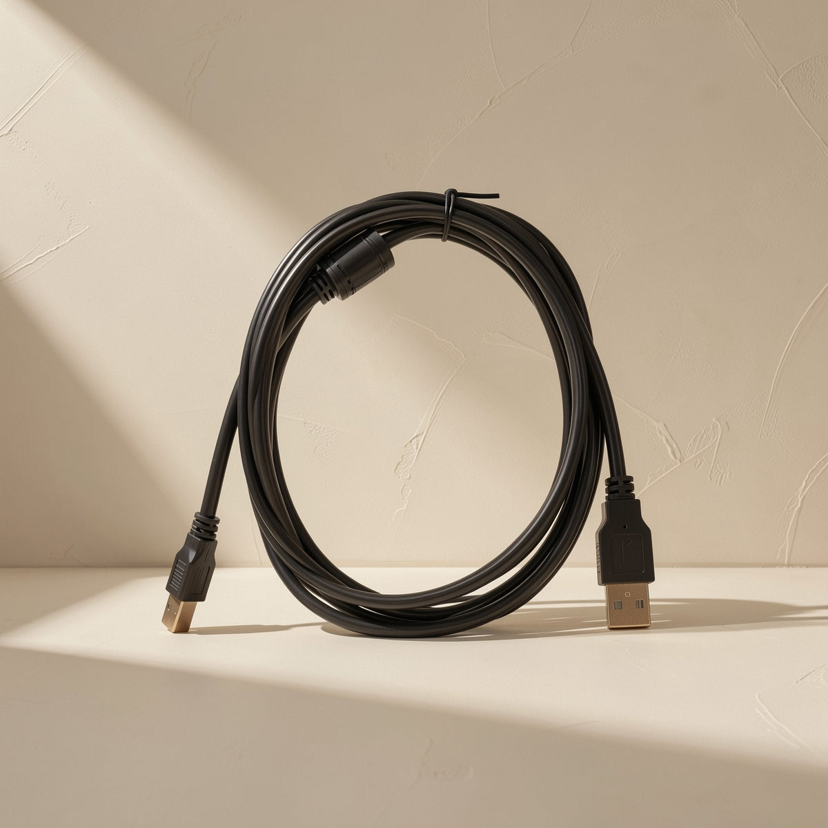 Cordreach – Black cable looped in a large circle, with a USB-A plug and ferrite bead, standing on a cream surface