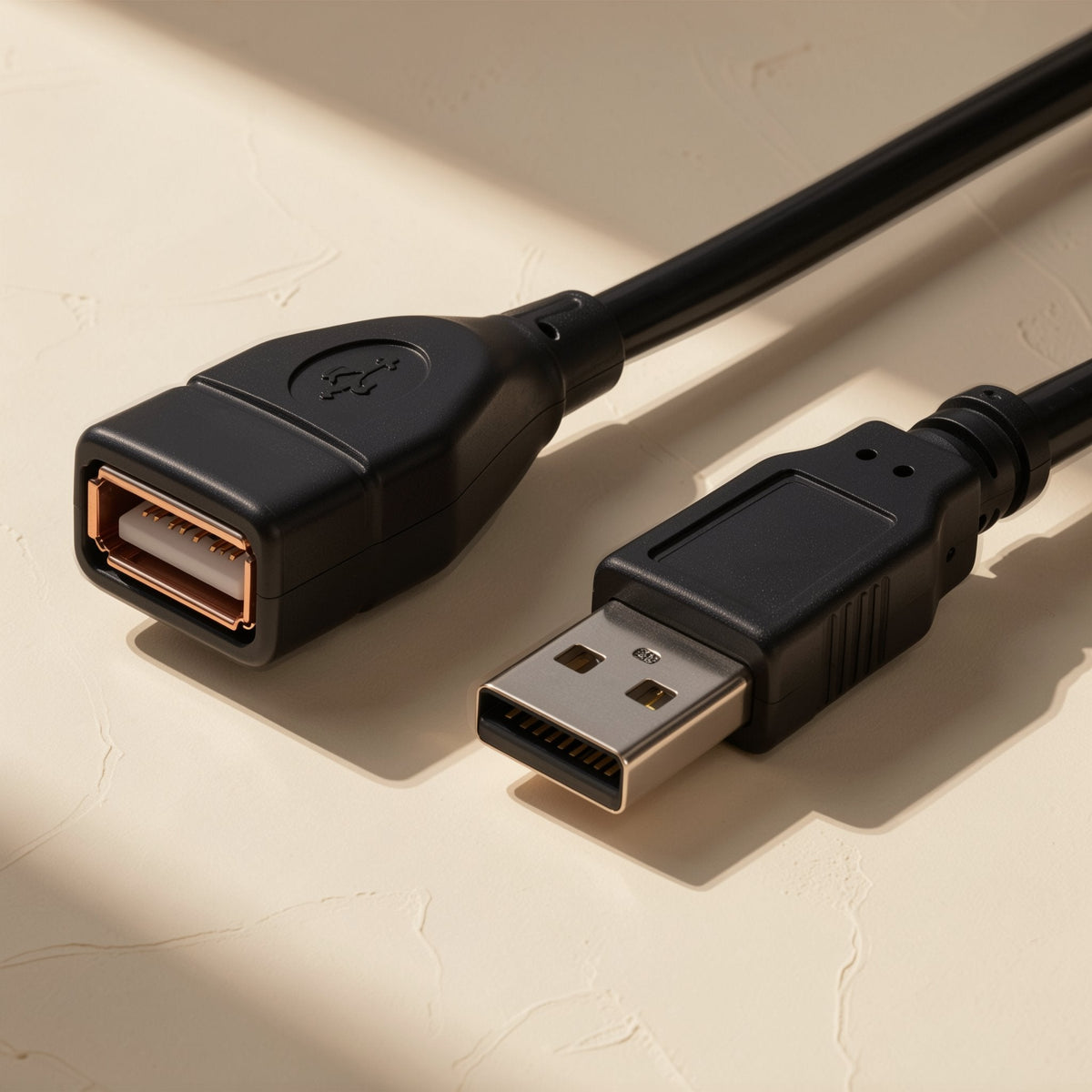 Cordreach – Close-up of black female USB port with copper-toned interior beside a male USB-A plug, on a cream surface