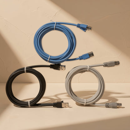 Signalweave – Three coiled Ethernet cables in blue, black and gray with RJ-45 connectors, lit by diagonal sunlight